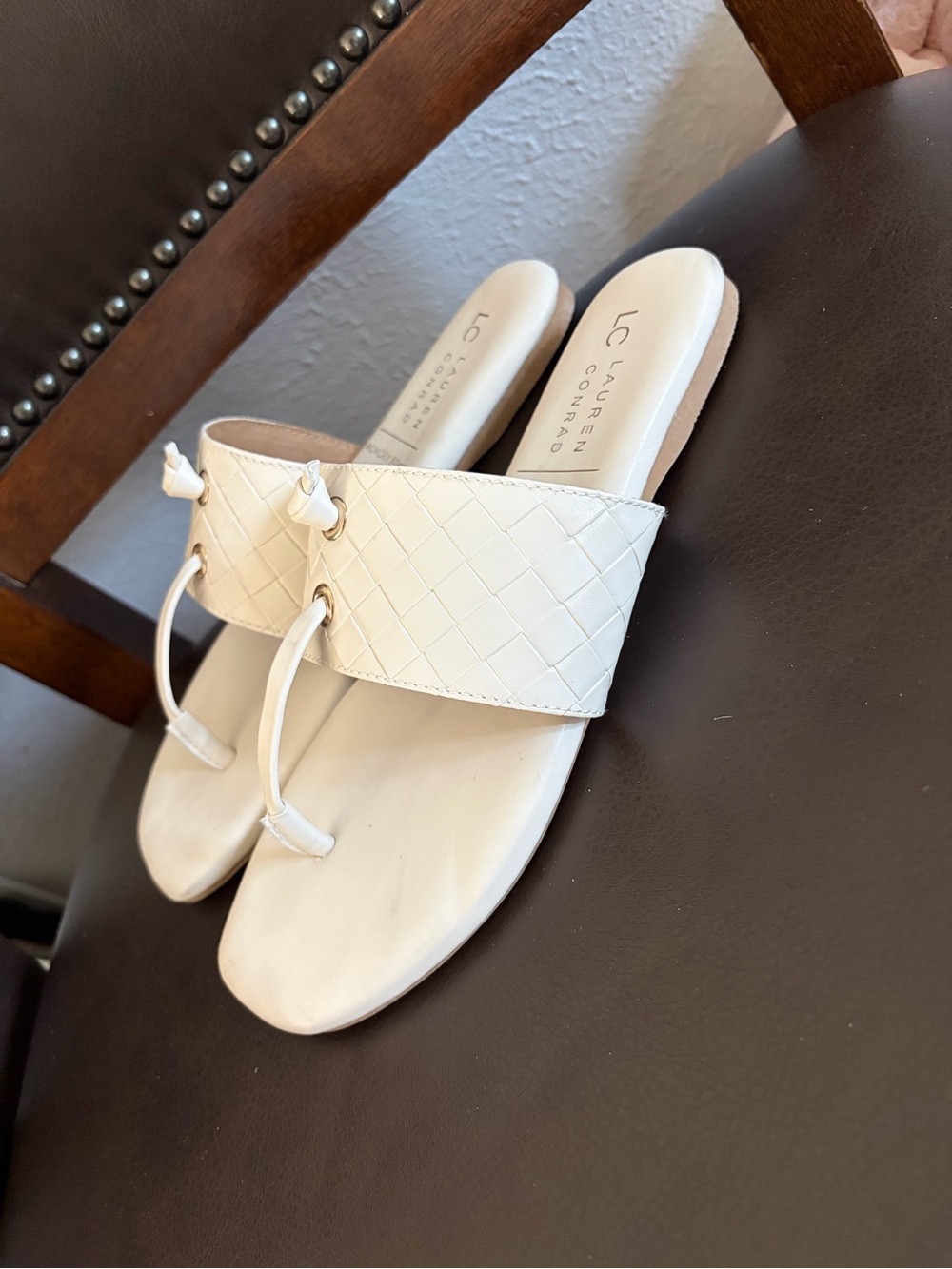 LC Lauren Conrad Cream Woven Toe-Loop Slide Sandals